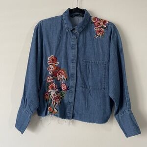 Zara Floral Embroidered Boxy Denim Button Up Shirt Size S Oversized Western Boho